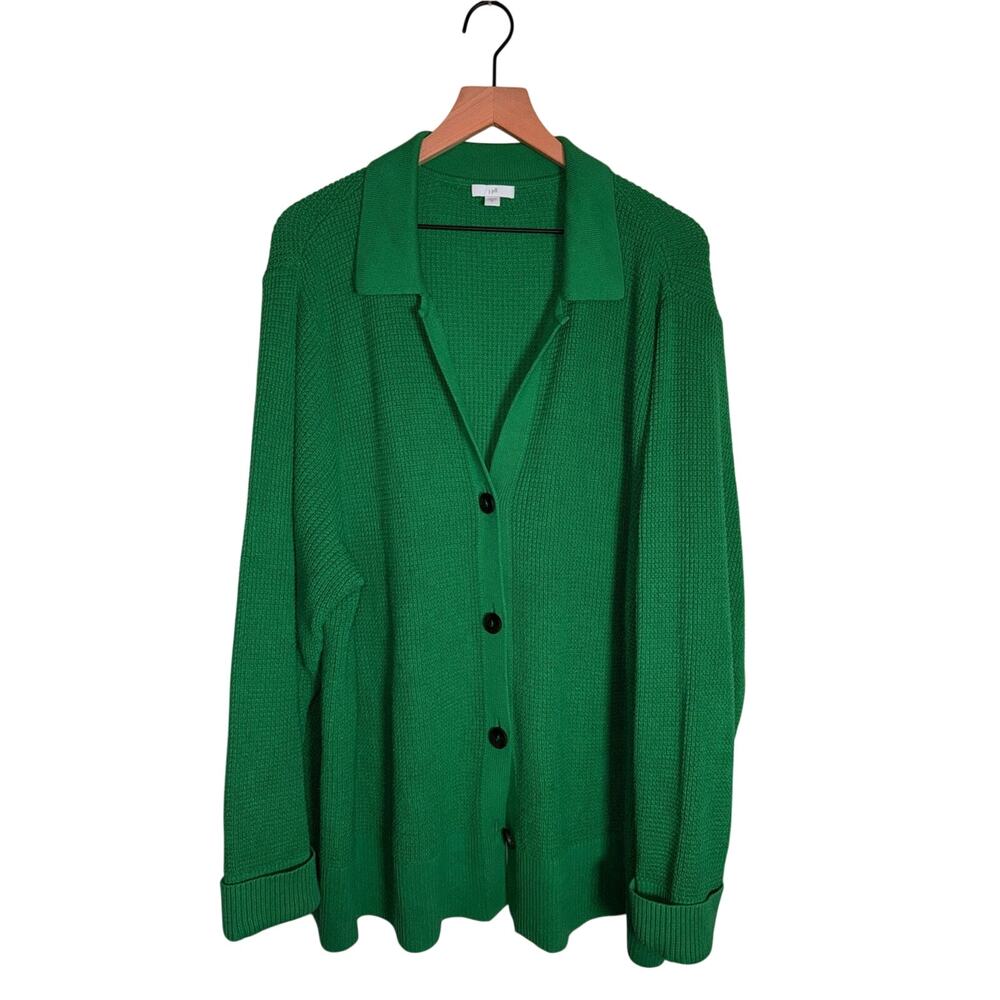 J. JILL waffle knit oversized plus collared button up emerald green sweater 4X